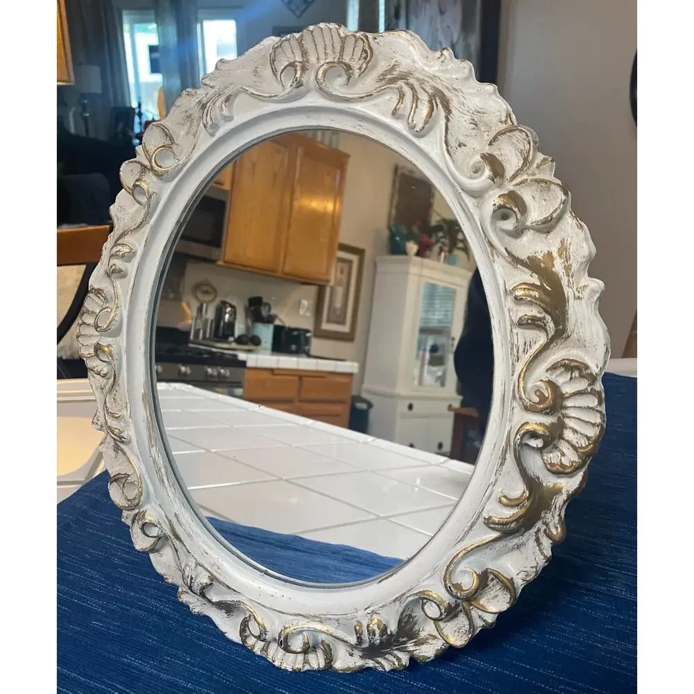 VTG Ornate Gold White Oval Wall Mirror Baroque Rococo Florentine Royal Academie
